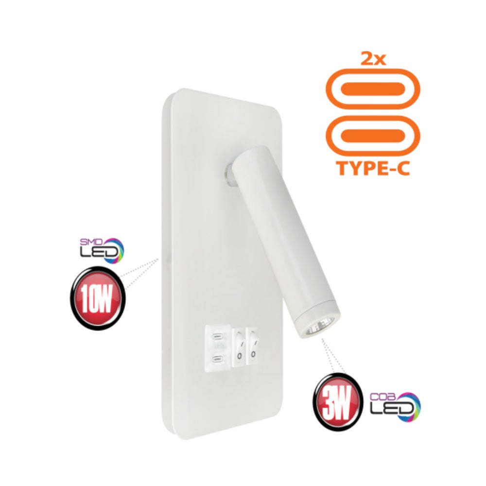 CUNDA - Бела ѕидна светилка 10W+3W 4000K + USB